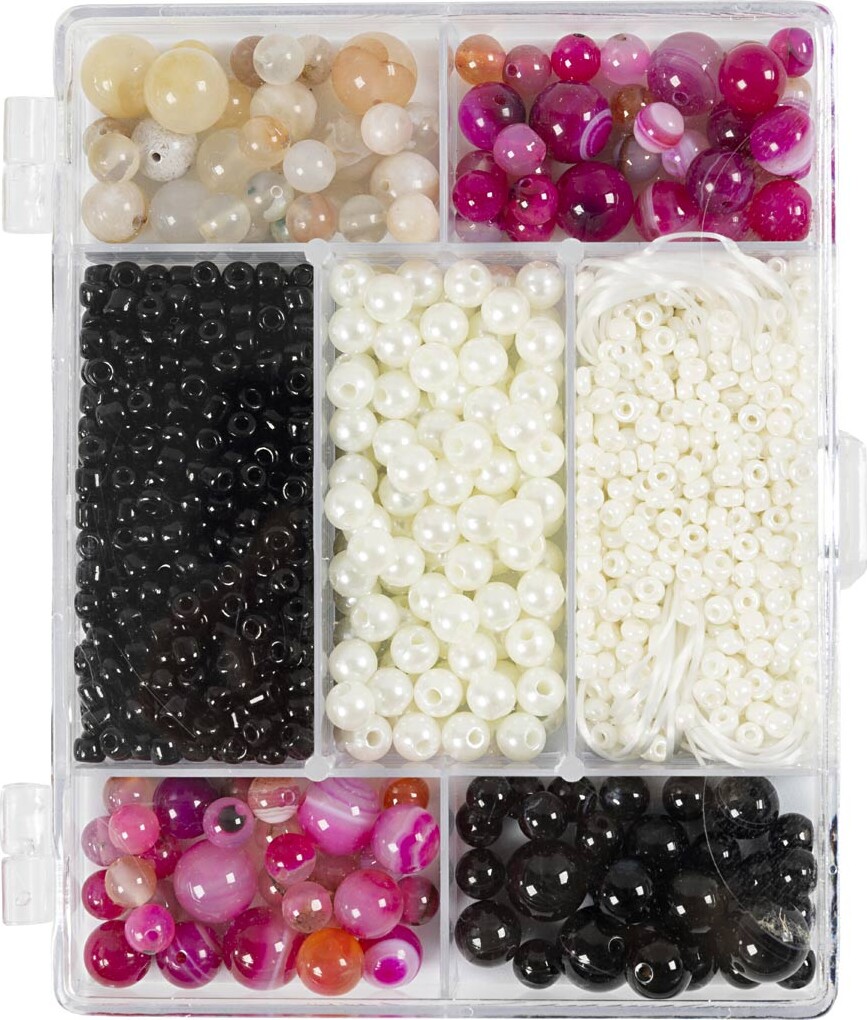 Diy Mix Smykker - Agater - Str. 2,6-10 Mm - Hulstr. 0,8-1,8 Mm - Beige - Sort - Pink - Hvid Perlemor billede