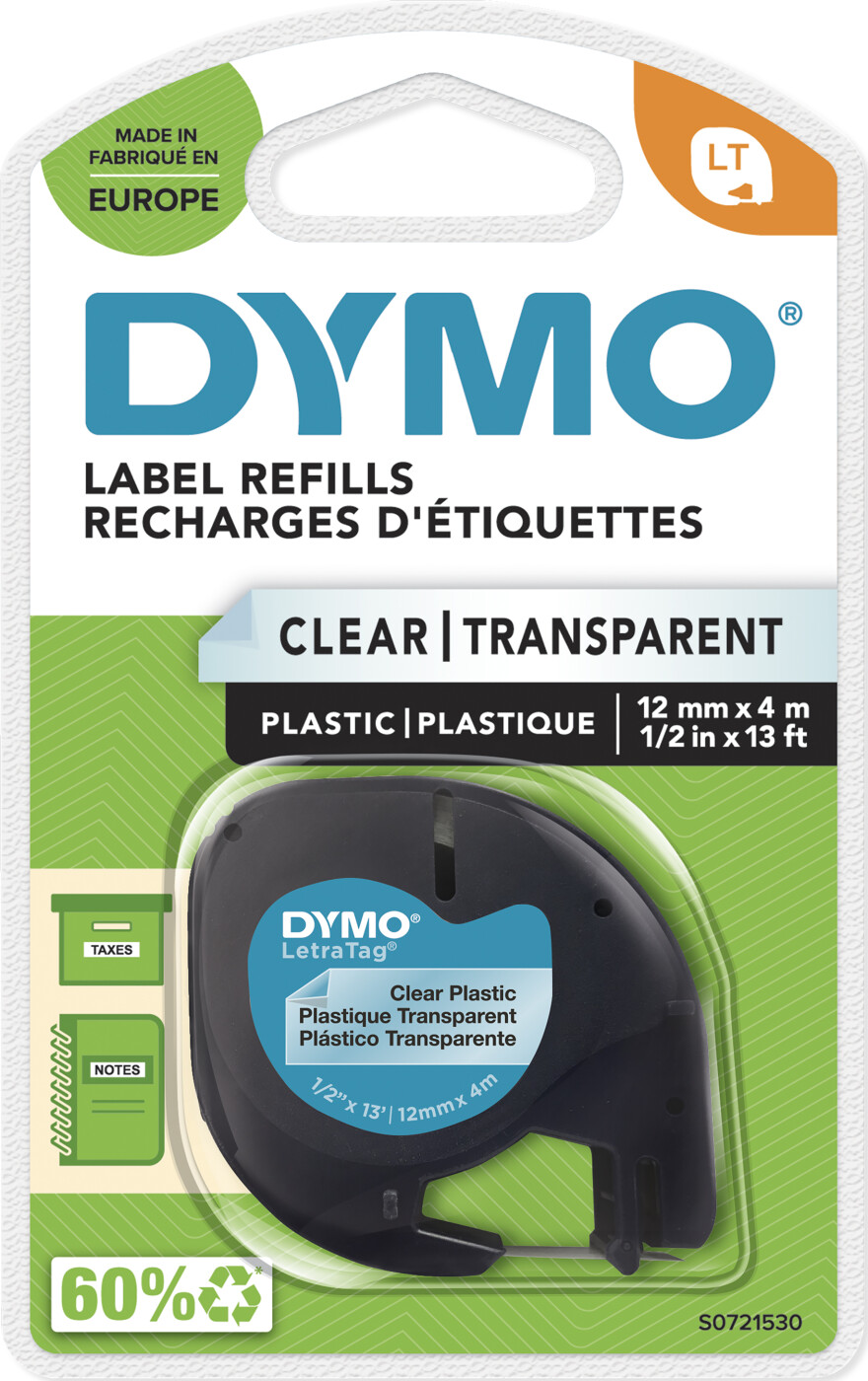 Dymo - Letratag® Tape Plastic 12mm X 4m Black On Clear (s0721530)