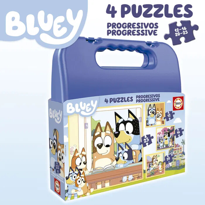 Educa - Bluey Kuffert Med 4 Puslespil - 12-16-20-25 Brikker