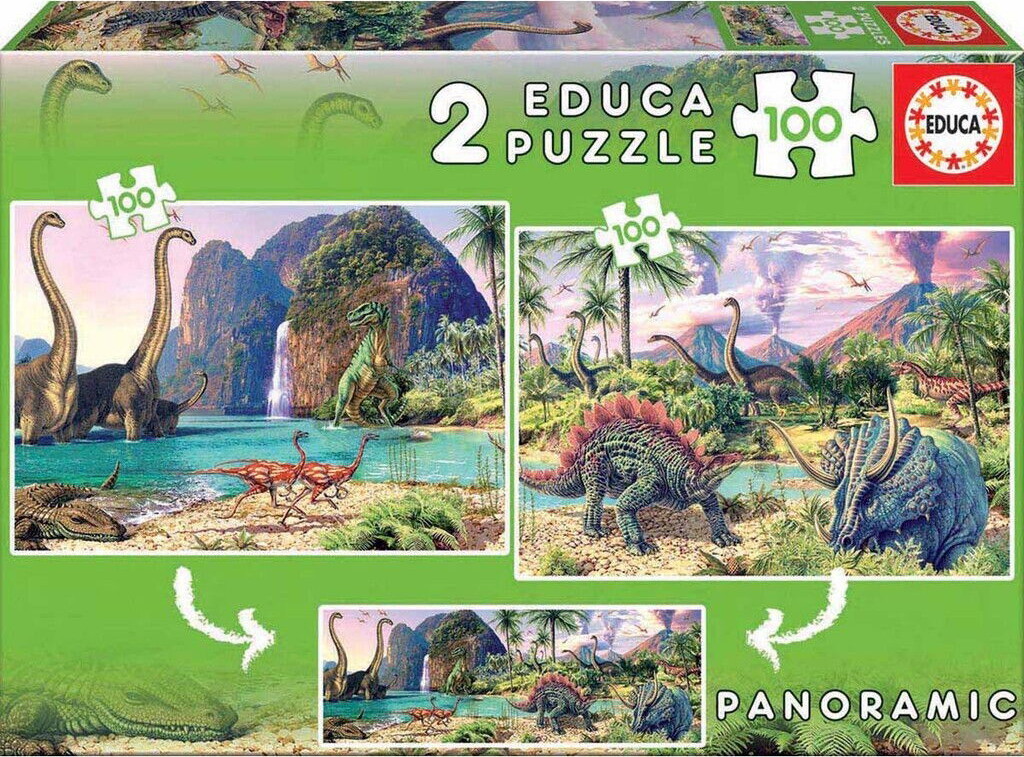 Educa - Dino World 2 Puzzle Panoramic - 2x100 Dinosaur Puslespil