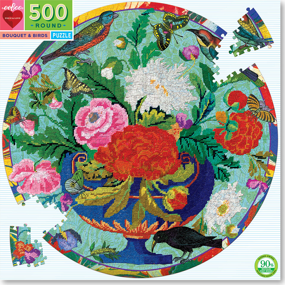 Eeboo - Puslespil - Rundt - 500 Brikker - Broderi Buket Og Fugle
