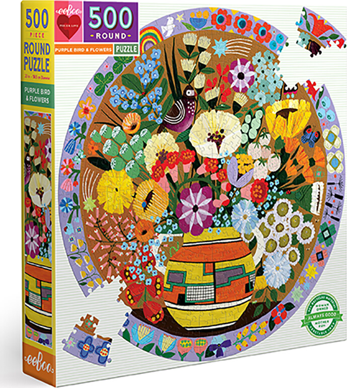 Eeboo - Puslespil - Rundt - 500 Brikker - Purple Bird And Flowers