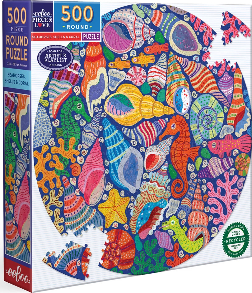 Eeboo - Rundt Puslespil 500 Brikker - Seahorses Shells Og Coral