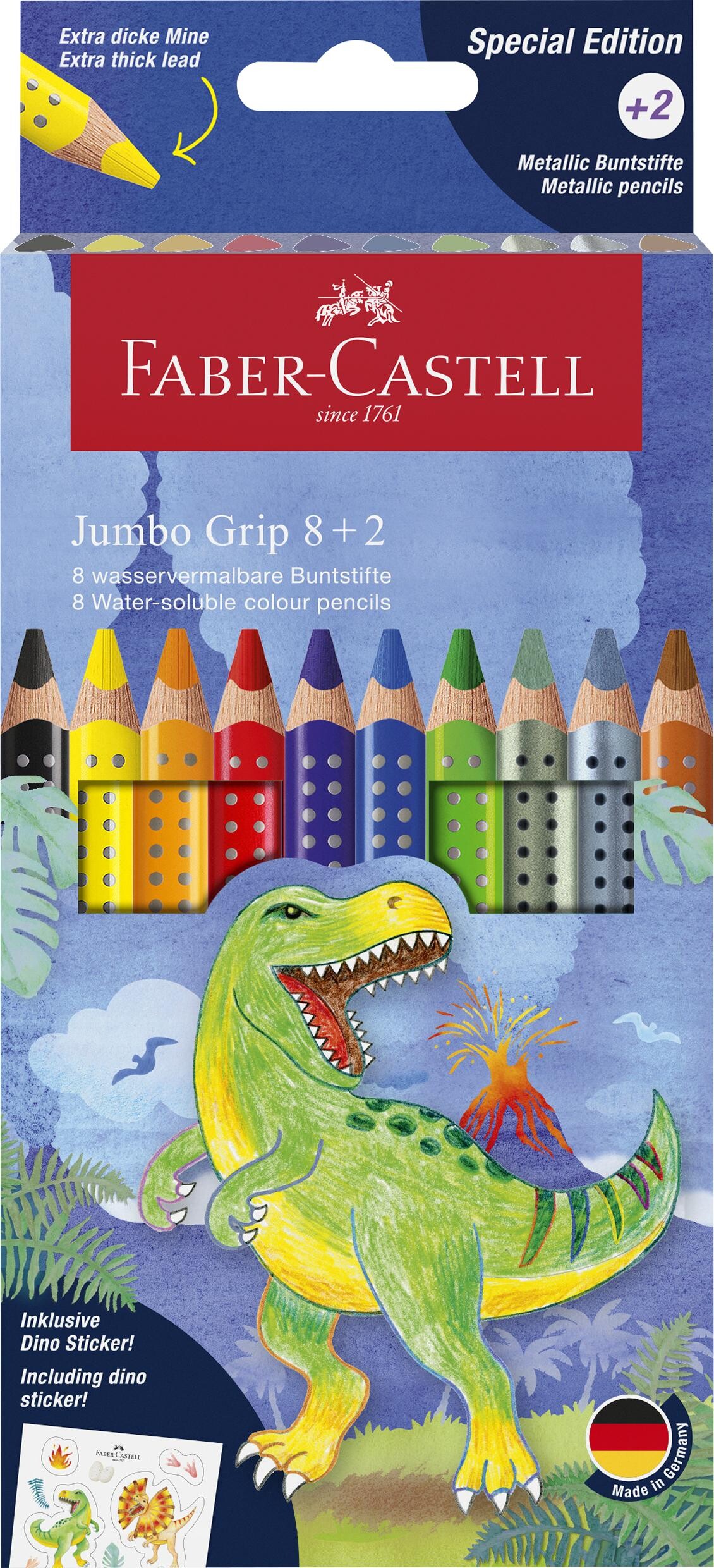 Faber-castell - Jumbo Grip Farveblyanter - Dinosaur - 10 Farver