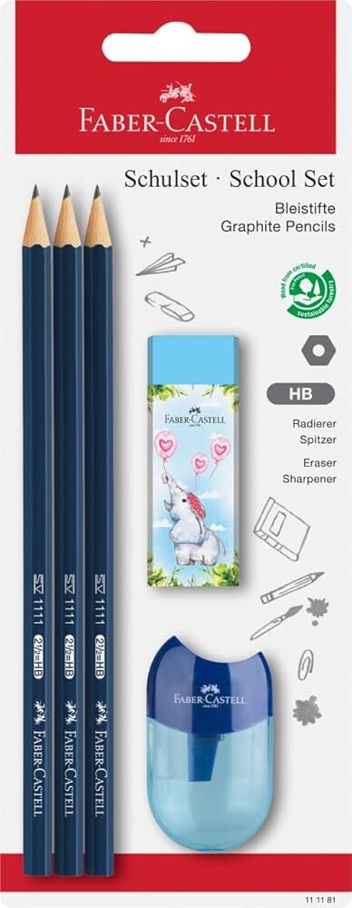 Faber-castell - 3 Blyanter, Viskelæder Og Blyantspidser - Mørkeblå