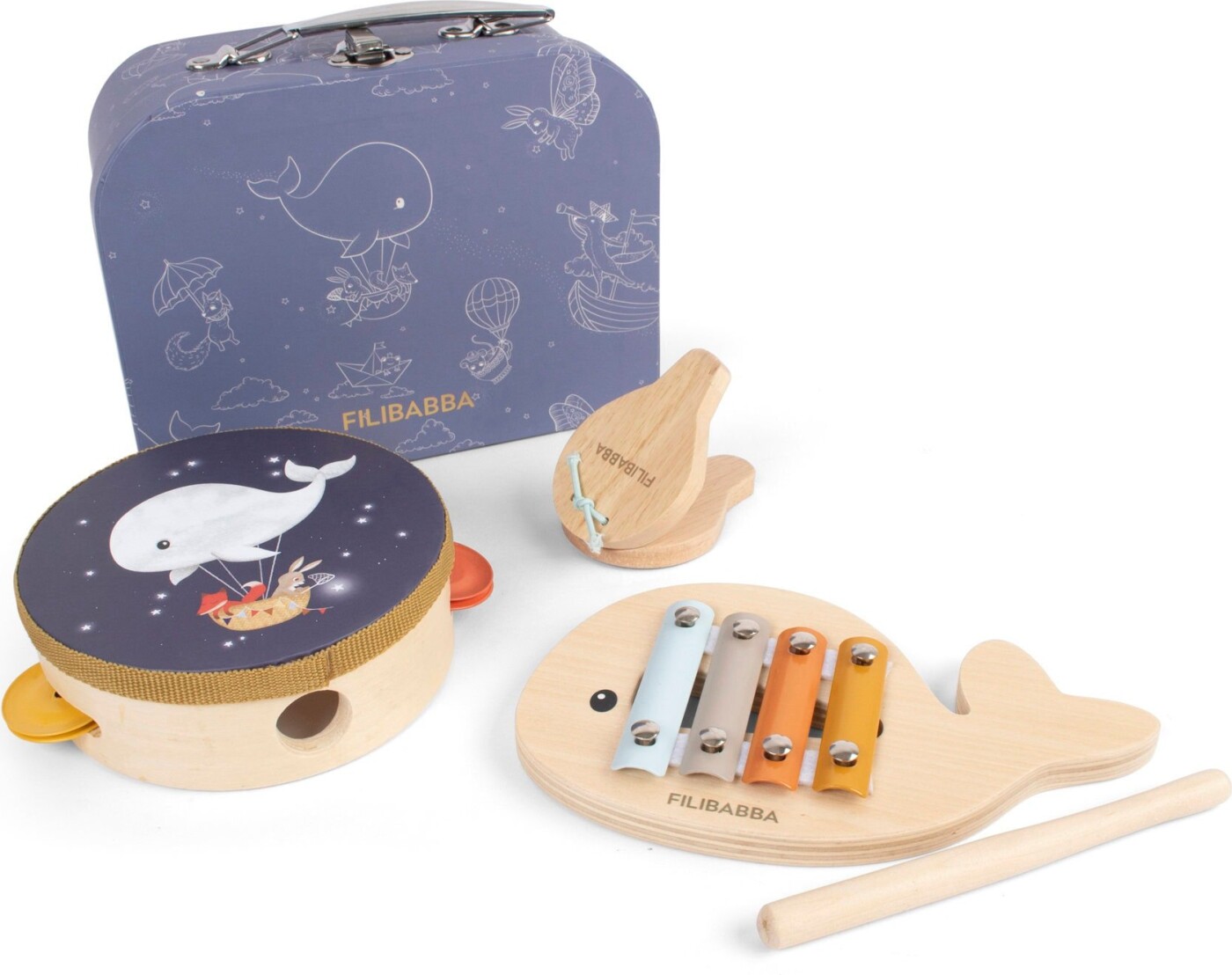 Filibabba - 3 Musik Instrumenter Til Børn - Inkl. Legekuffert - Træ