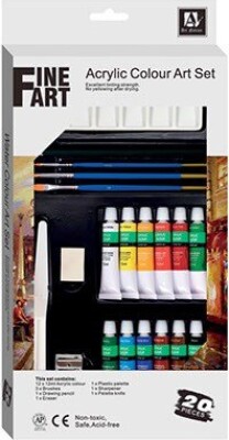 Akrylmaling Sæt Med 12 Farver Og Tilbehør - 20 Dele - Fine Art