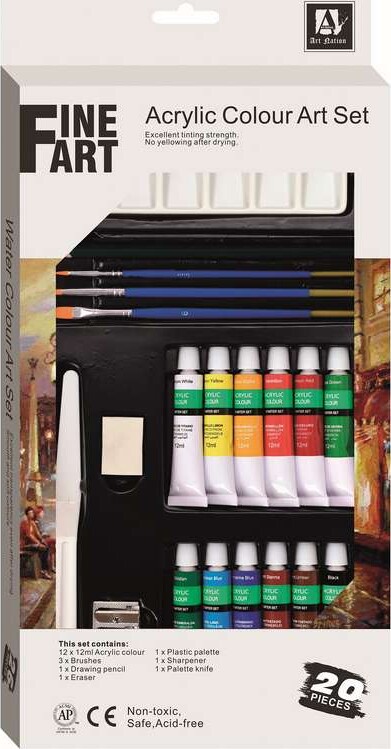 Akrylmaling Sæt Med 12 Farver Og Tilbehør - 20 Dele - Fine Art - Fineart