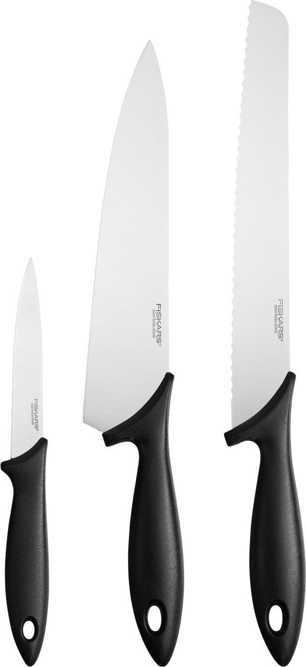 Fiskars - Essential Start-sæt - 3 Dele - Brødkniv, Kokkekniv & Grøntsagskniv