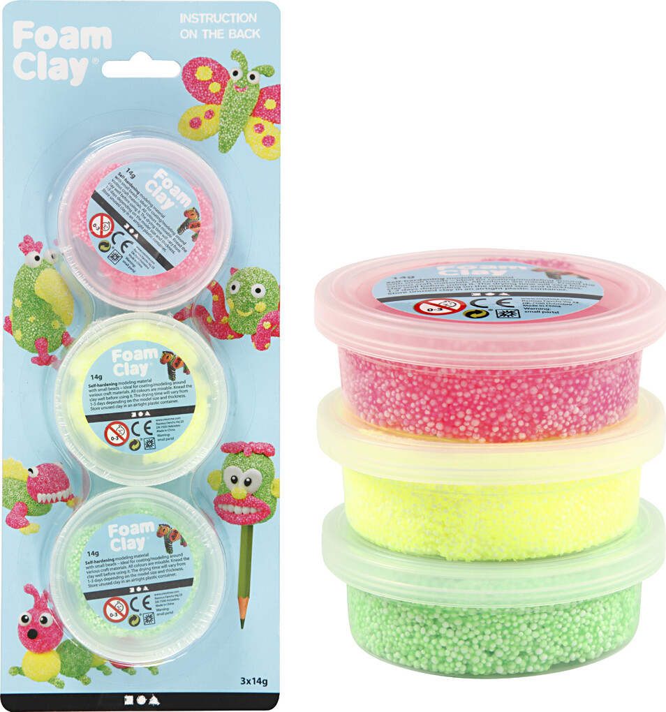 Foam Clay - Sæt Med Lys Grøn, Neon Pink Og Neon Gul - 3x14 G