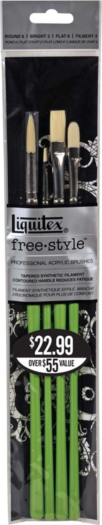 Liquitex - Free Style Penselsæt 4-pak - Rund Nr. 6, Bright Nr. 2, Flat Nr. 6 + Filbert Nr. 4