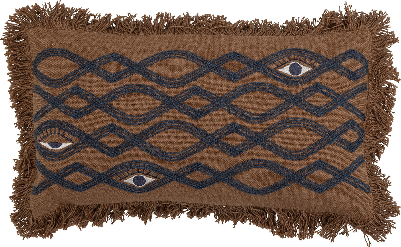 Bloomingville Galia pyntepude i bomuld 25x50 cm brun med blå mønster og frynser