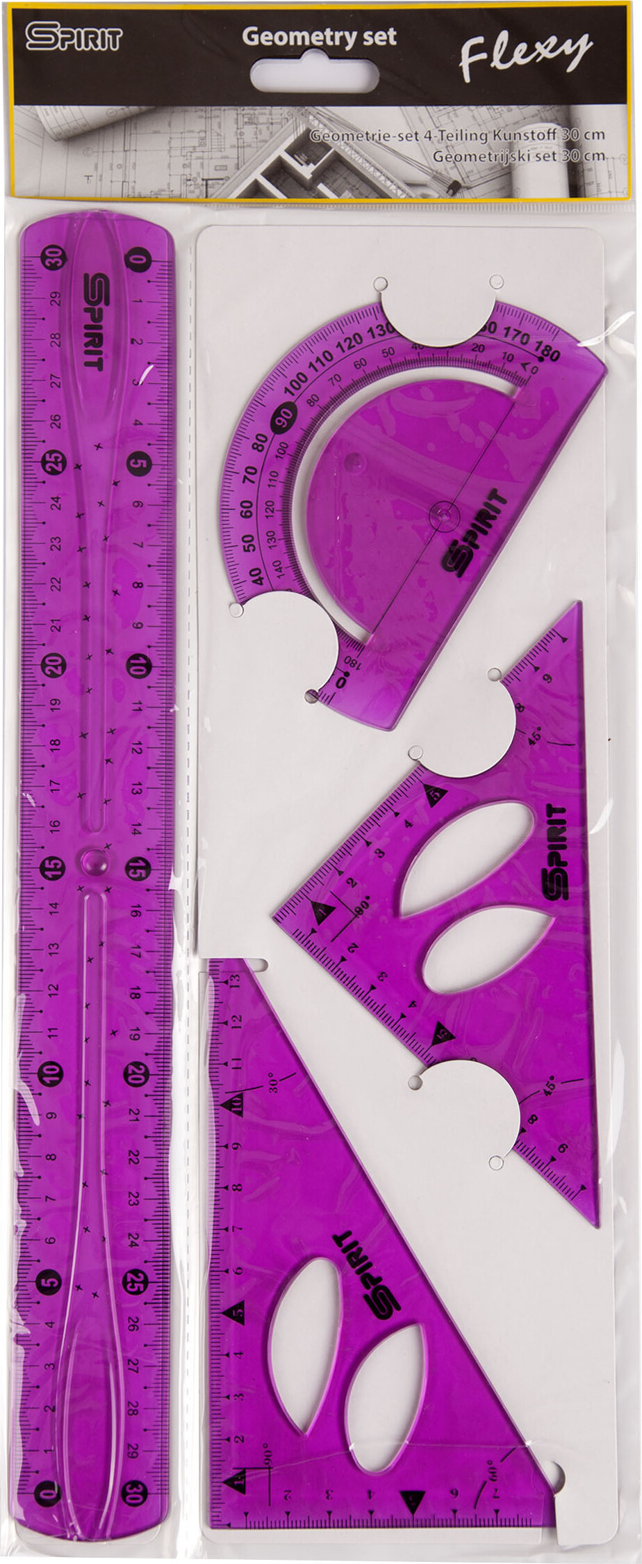 Geometrisæt - Lineal, Vinkelmåler Og 2 Tegnetrekanter - Spirit