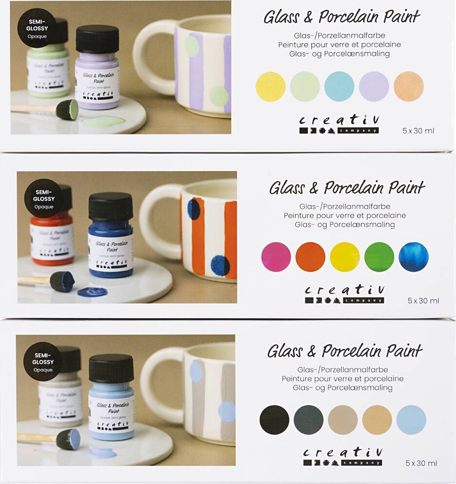 Glas- Og Porcelænsmaling - Halvblank - Dækkende - Colorful - Pastelfarver - Naturfarver - 15x30 Ml