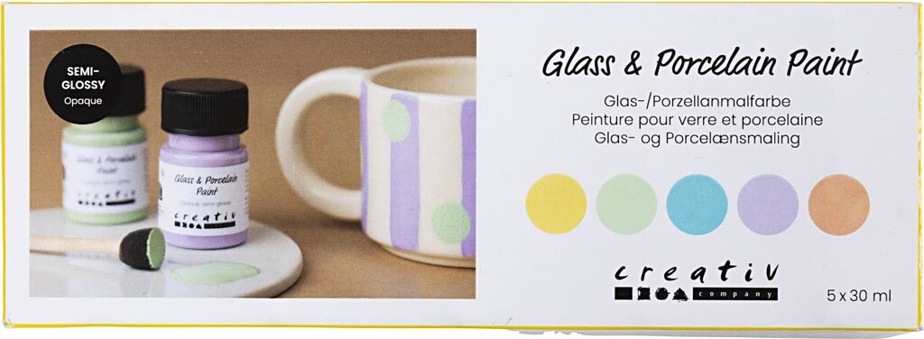 Glas- Og Porcelænsmaling - Halvblank - Dækkende - Pastelfarver - 5x30 Ml