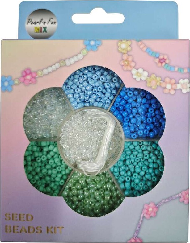 Glasperlemix 90g Blå/grøn/klar + Elastik, Ophæng - Pearl N Fun