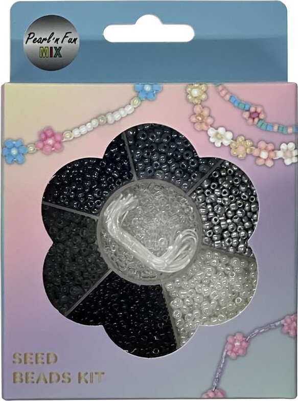 Glasperlemix 90g Sort/grå/hvid+elastik Ophængsæske - Pearl N Fun