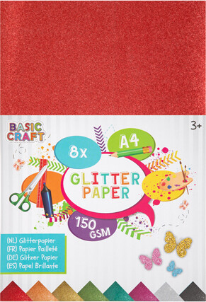 Glitterpapir A4 - 8 Ark, 150 Gram