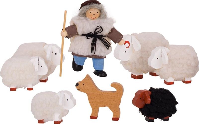 Goki - Fårehyrde Med Får Og Hund - I Træ