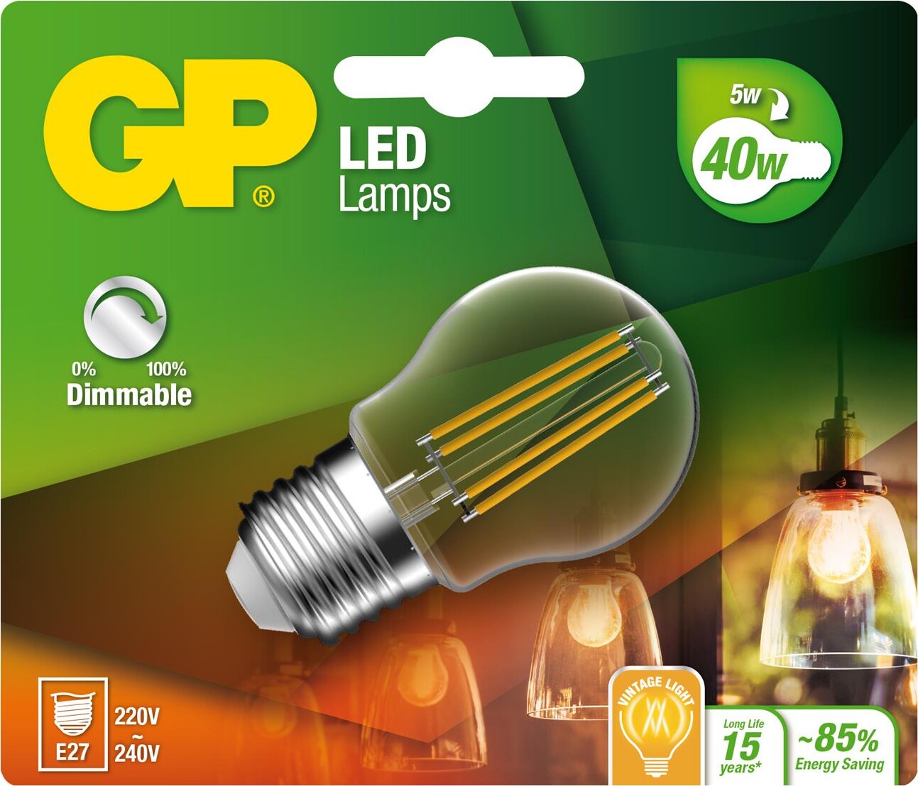 Gp - Led Pære - Filament Mini Globe - E27 Dæmpbar 5w 40w 470 Lm