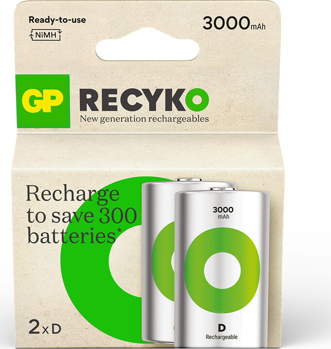 Gp - Recyko D-batterier Genopladelige - 3.000 Mah - 1.2v - 2-pak - Gp Batteries