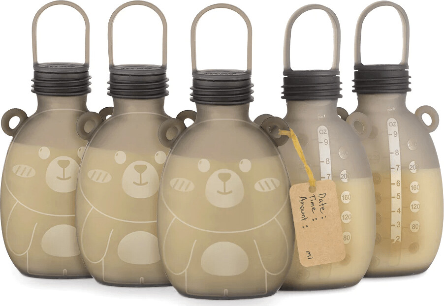 Haakaa - 5-pak Happii Bear Silikone Opbevaringsposer Til Modermælk - Grå - 260 Ml