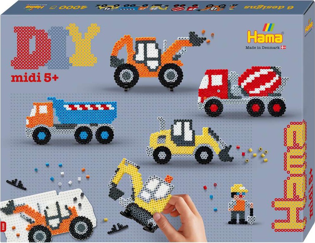 Hama 3163 - Entreprenørmaskiner - 4.000 Diy Midi Perler + Plade