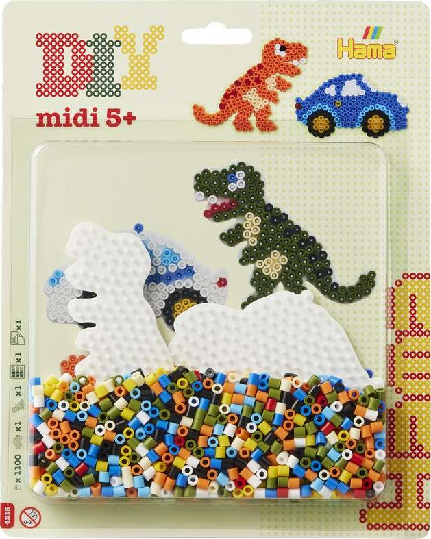 Hama Midi Perler - Bil Og Dinosaur Perlesæt - 1.100 Perler - 4215