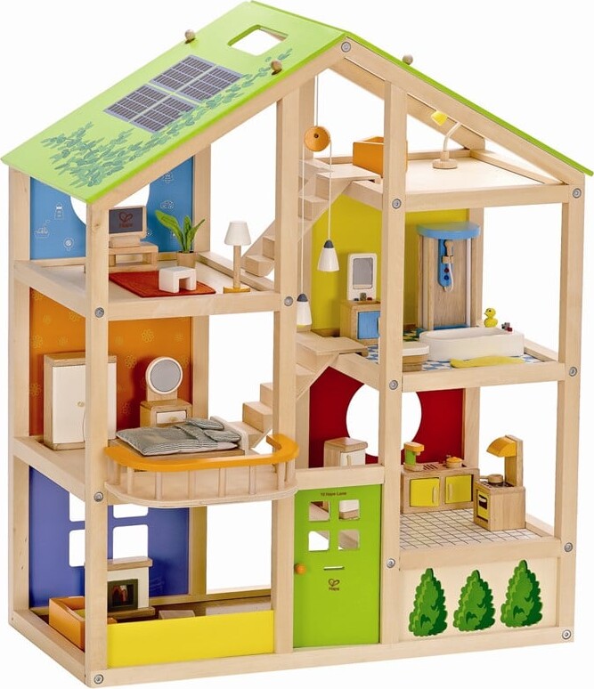 Dukkehus fra Hape i Træ - Inklusiv Møbler - Højde 74 cm.