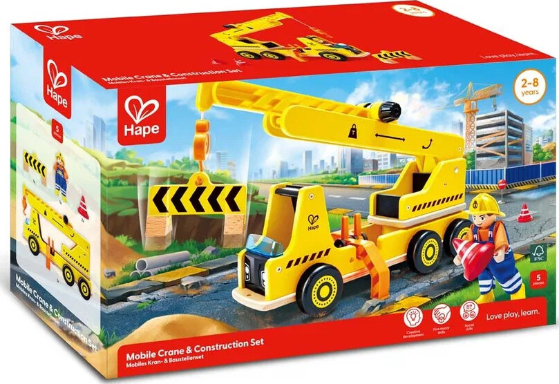 Hape - Mobile Crane & Construction Set - Kranbil Og Konstruktion