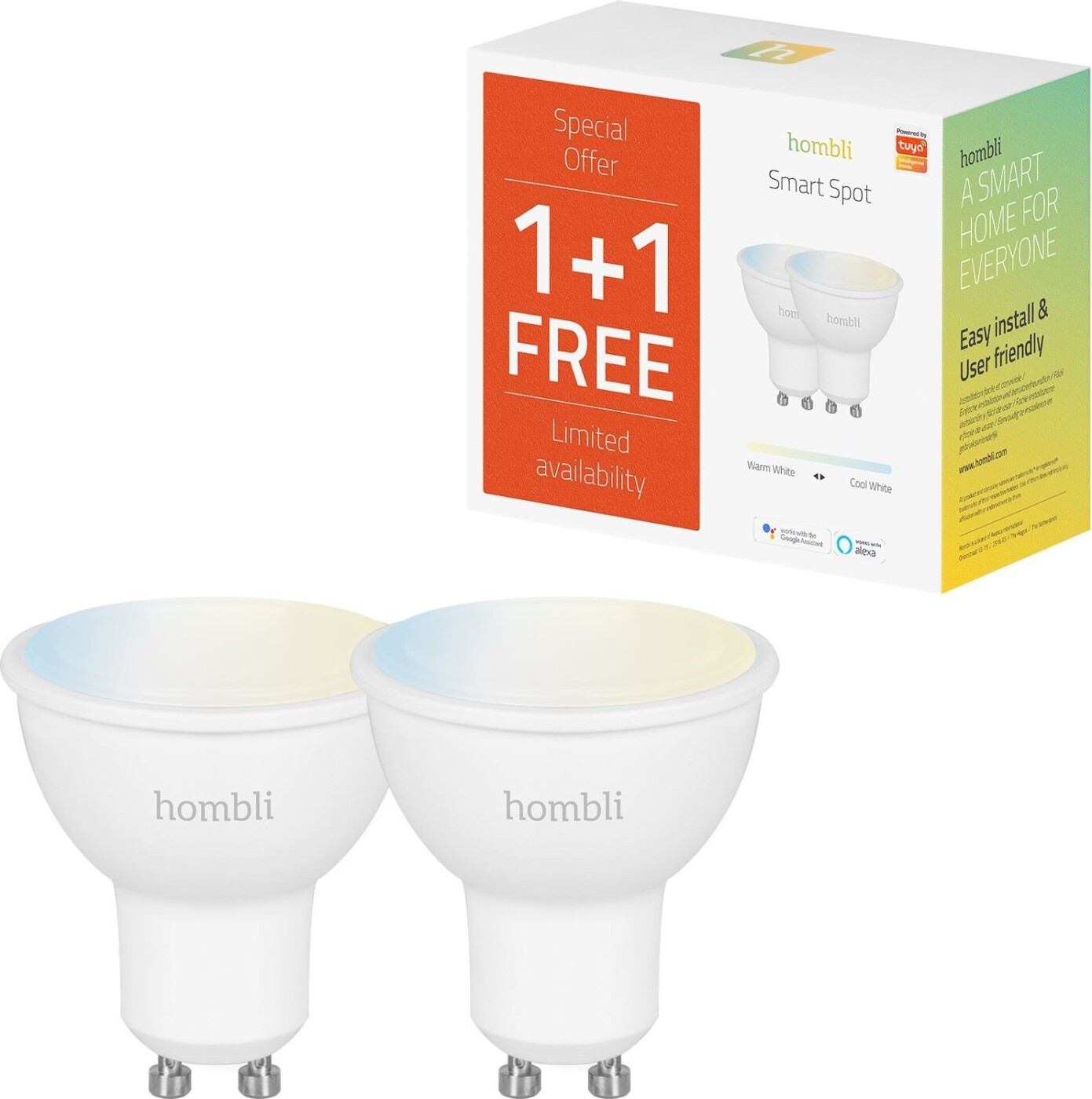 Se Hombli - Smart Bulb 2-pak - Elpærer - Gu10 Wifi 2700-6500k 350lm hos Gucca.dk