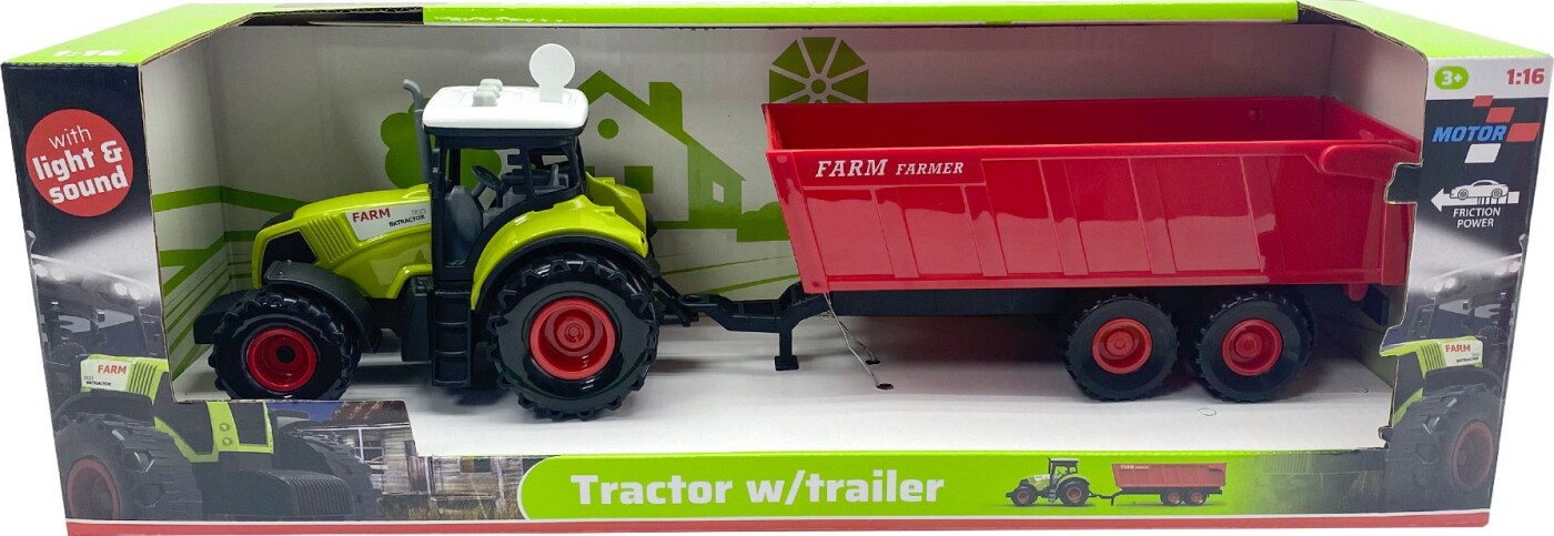 Legetøjs Traktor Med Vogn - Lys Og Lyd - 1:16