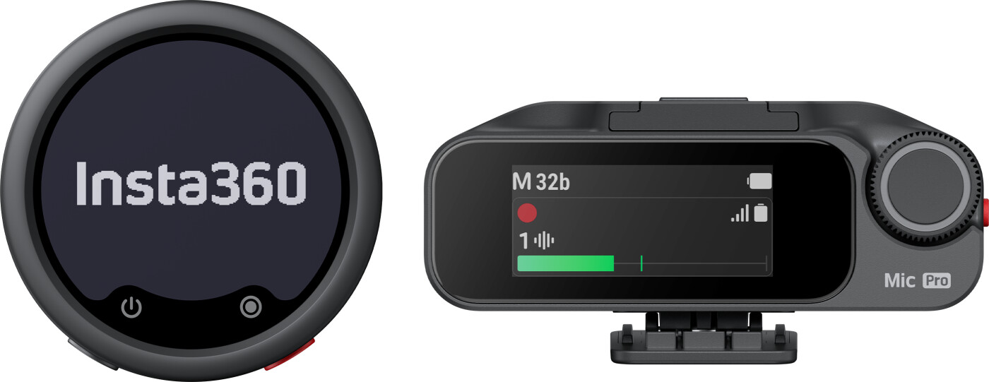 Insta360 - Mic Pro (1tx + 1 Rx) - Graphite Black - Professionelt Trådløst Mikrofonsæt Med Receiver, 32 Bit Float & E-ink Display
