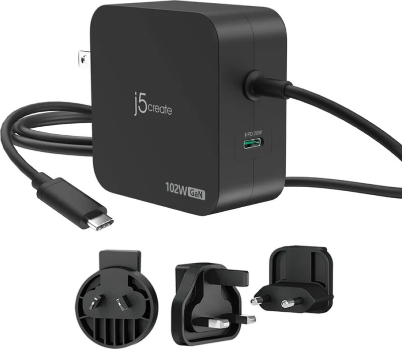 J5create - 102w Gan Pd Usb-c 2-port Charger, Interchangeable Ac Plugs