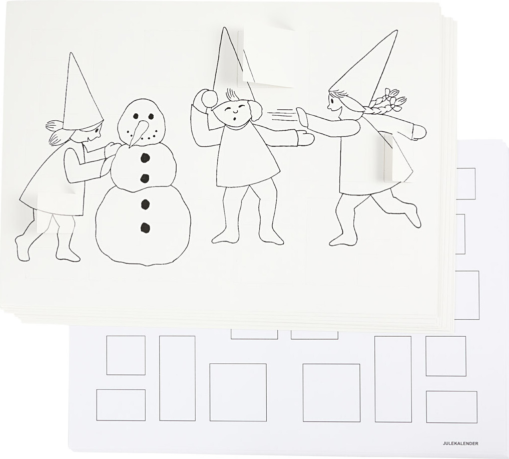 Julekalender Med Nisser I Sneboldkamp - A3 - Str. 30x42 Cm - Hvid - 30 Stk.