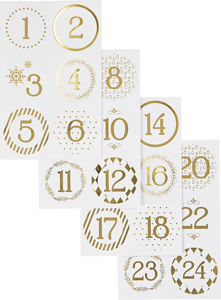 Billede af Juleklistermærker - 24 Kalendertal - Guld Og Hvid - 4 Ark