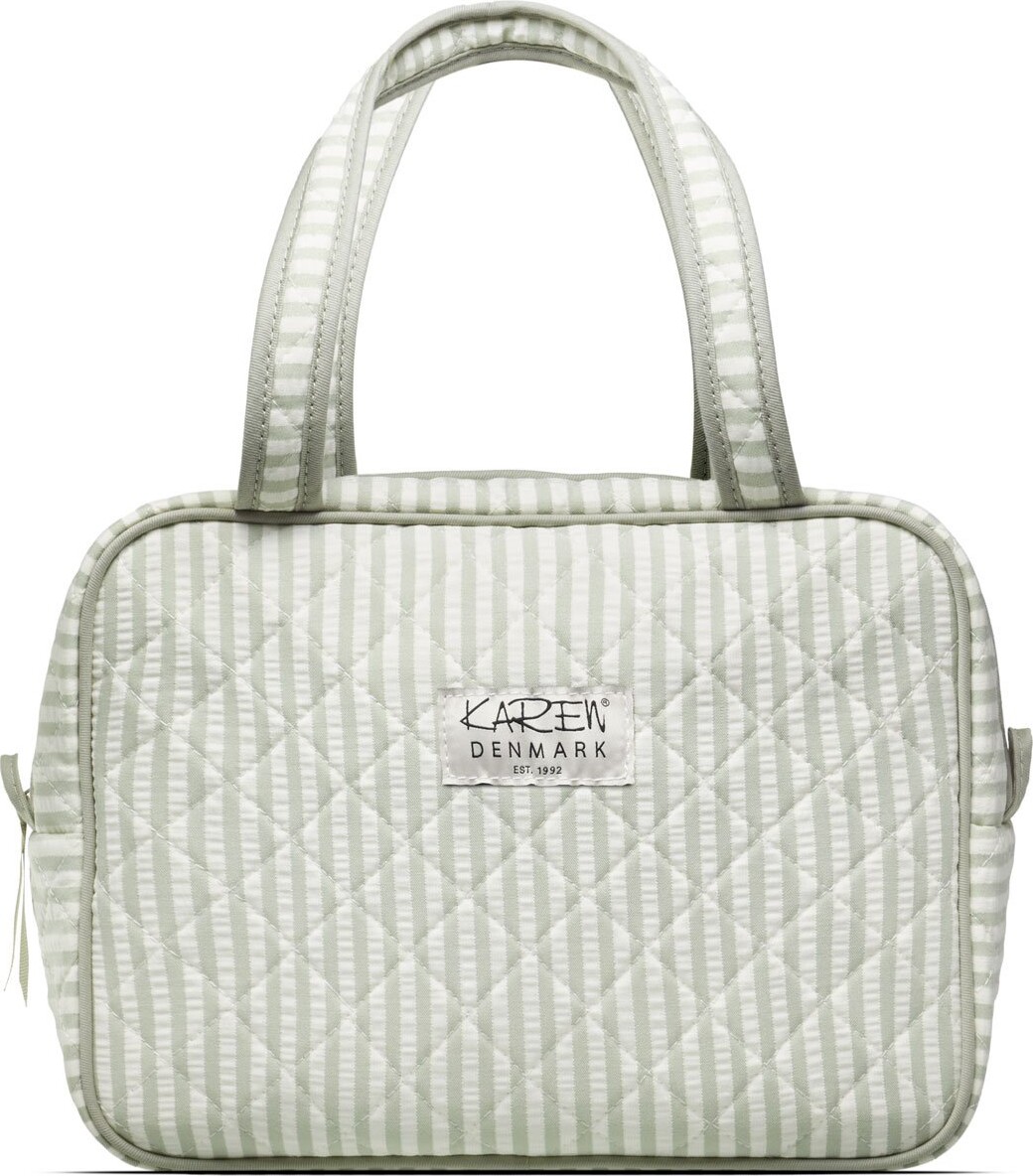 Karen Stor toilettaske med hank i grøn/hvid stribet quilt