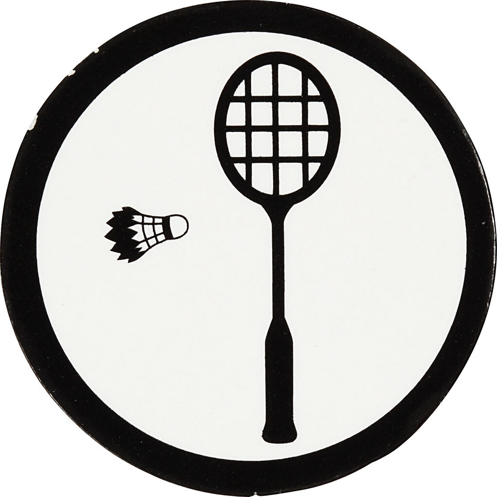 Billede af Kartonmærkat - Badmintonketcher + Fjerbold - ø 25 Mm - Hvid/sort - 20 Stk.