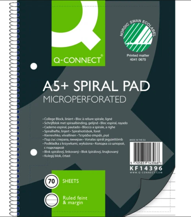 Notesblok - A5 - Linjeret - Spiral - 70 Sider