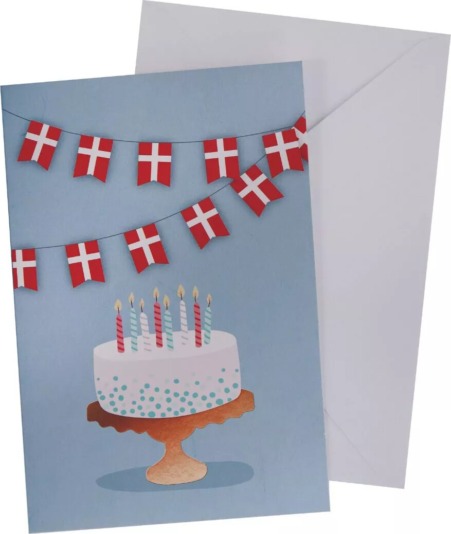 Kort Med Konvolut Flag + Kage 11 X 17 Cm