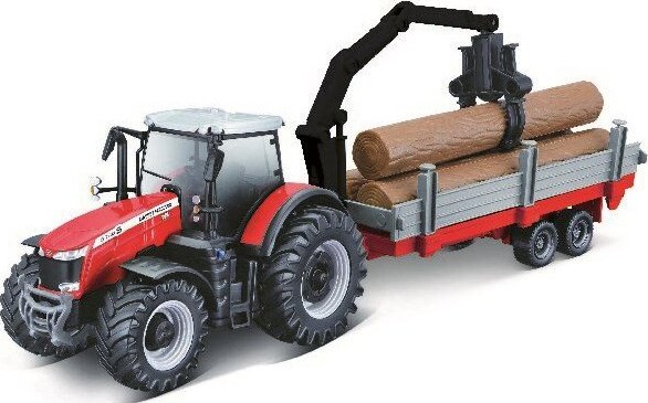 Bburago - Massey Ferguson Traktor Med Kran Og Vogn - Die-cast Metal - 10 Cm