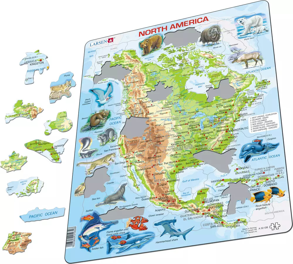Maxi Puslespil Nordamerika Topografisk Kort Med Dyr - 66 Brikker (36,5x28,5cm)