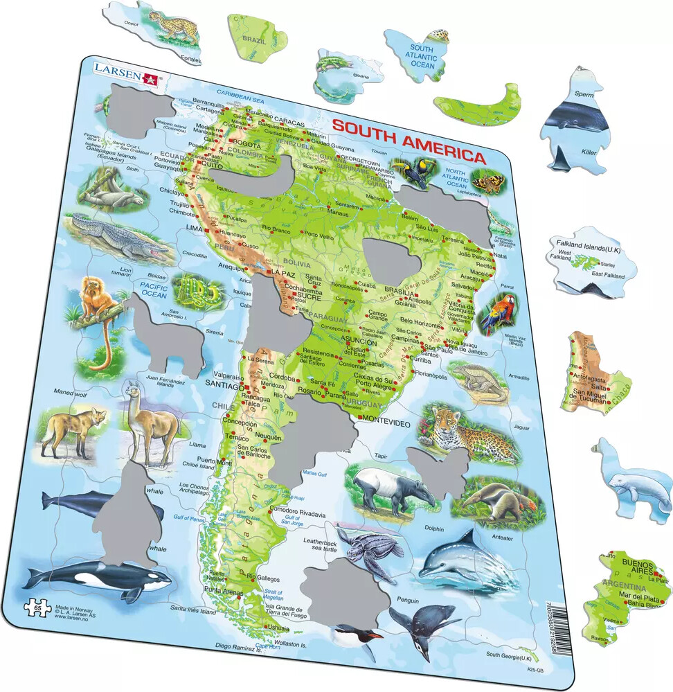 Maxi Puslespil Sydamerika Topografisk Kort - 65 Brikker (36,5x28,5cm)