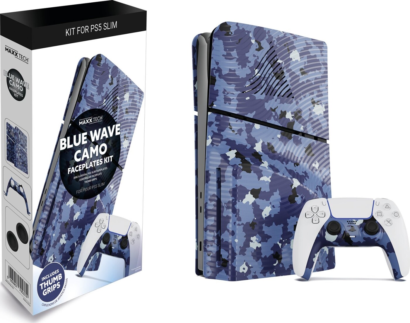 Maxx Tech Ps5 Slim Faceplates + Controller Faceplates - Blue Wave Camo