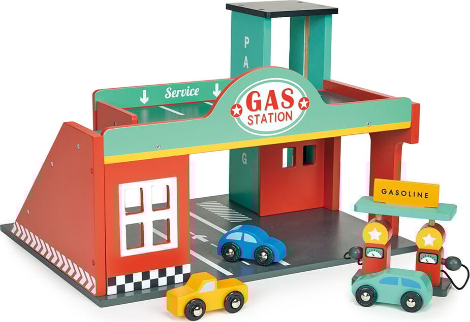 Tankstation Legetøj I Træ - Inkl. 3 Biler Og Benzinpumpe - Mentari