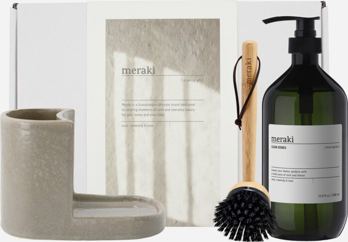 Meraki - Opvaskesæt Gaveæske - Grå Holder, Børste Og Sæbe