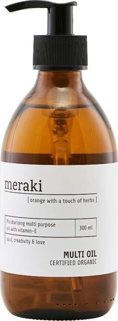 Oplev den forfriskende duft af Meraki Orange & Herbs Multiolie 300 ml, der kombinerer den sprøde, citrusagtige aroma fra appelsiner med et strejf af aromatiske urter. Denne alsidige multiolie er ideel til både hud og hår og tilfører intens fugt og næring, samtidig med at den efterlader en blød og glat overflade. Den lette konsistens gør påføringen nem, og den naturlige sammensætning sikrer en skånsom behandling. Forkæl dine sanser og din hud med denne luksuriøse olie.

- Beriget med naturlige ingredienser
- Ideel til både hud og hår
- Tilfører intens fugt og næring
- Frisk duft af appelsin og urter
- Let at påføre og absorberes hurtigt
- Vegansk og fri for parabener