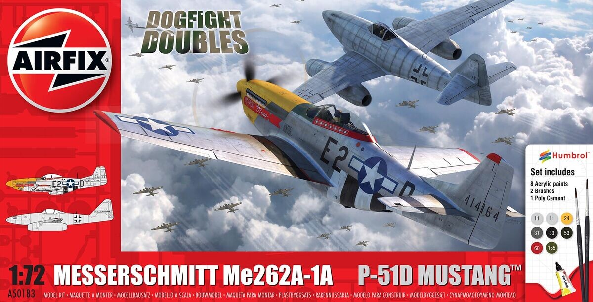 Airfix - P-51d Mustang + Messerschmitt Me262a-1a Fly Byggesæt Inkl. Maling - 1:72 - Dogfight Doubles - A50183