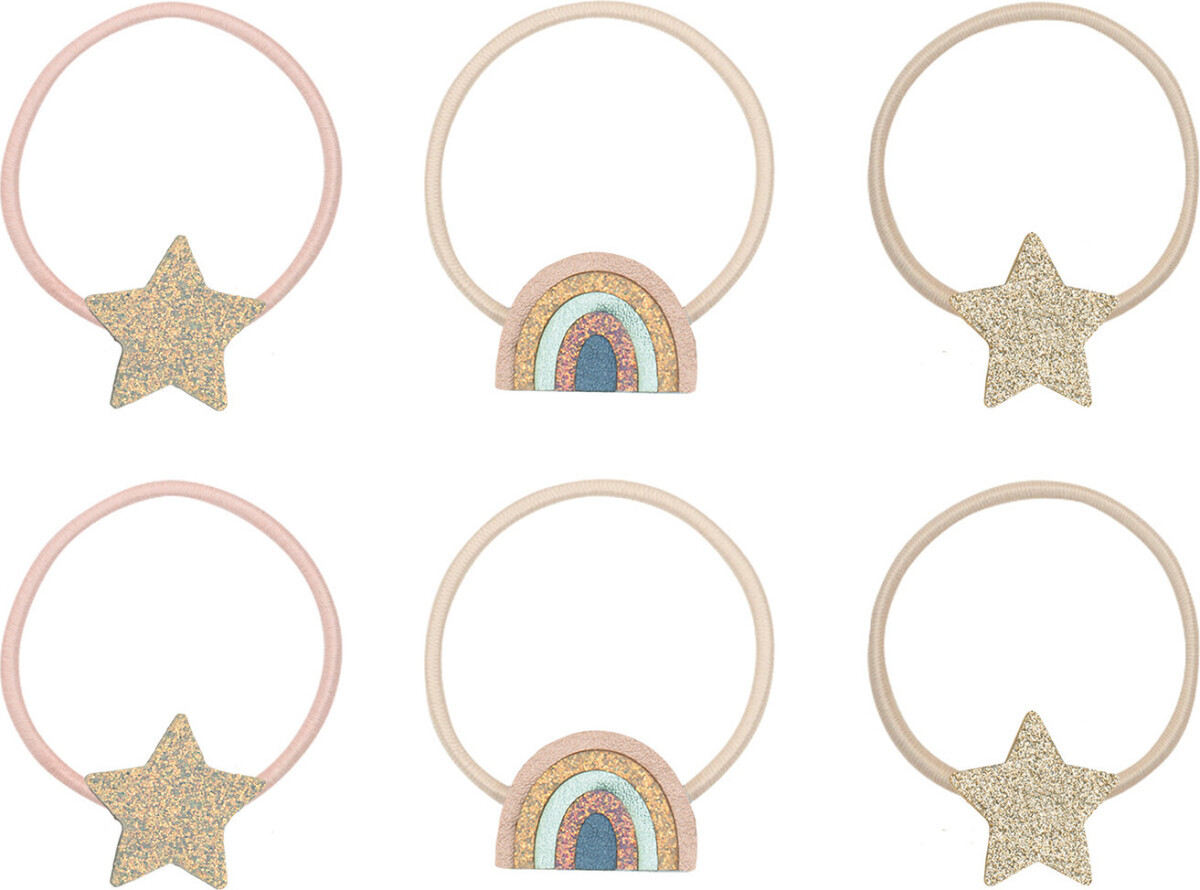6 Hårelastikker Til Børn - Glitter Regnbuer Og Stjerner - Mimi & Lula