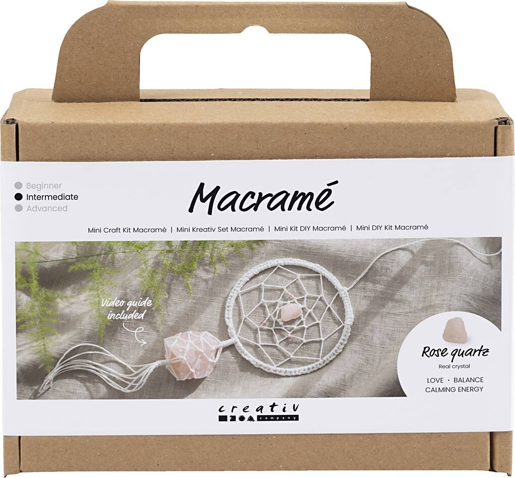 Mini Diy Macramé Kit - Drømmefanger Med Rosenkvarts Krystal - Lys Rosa Hvid